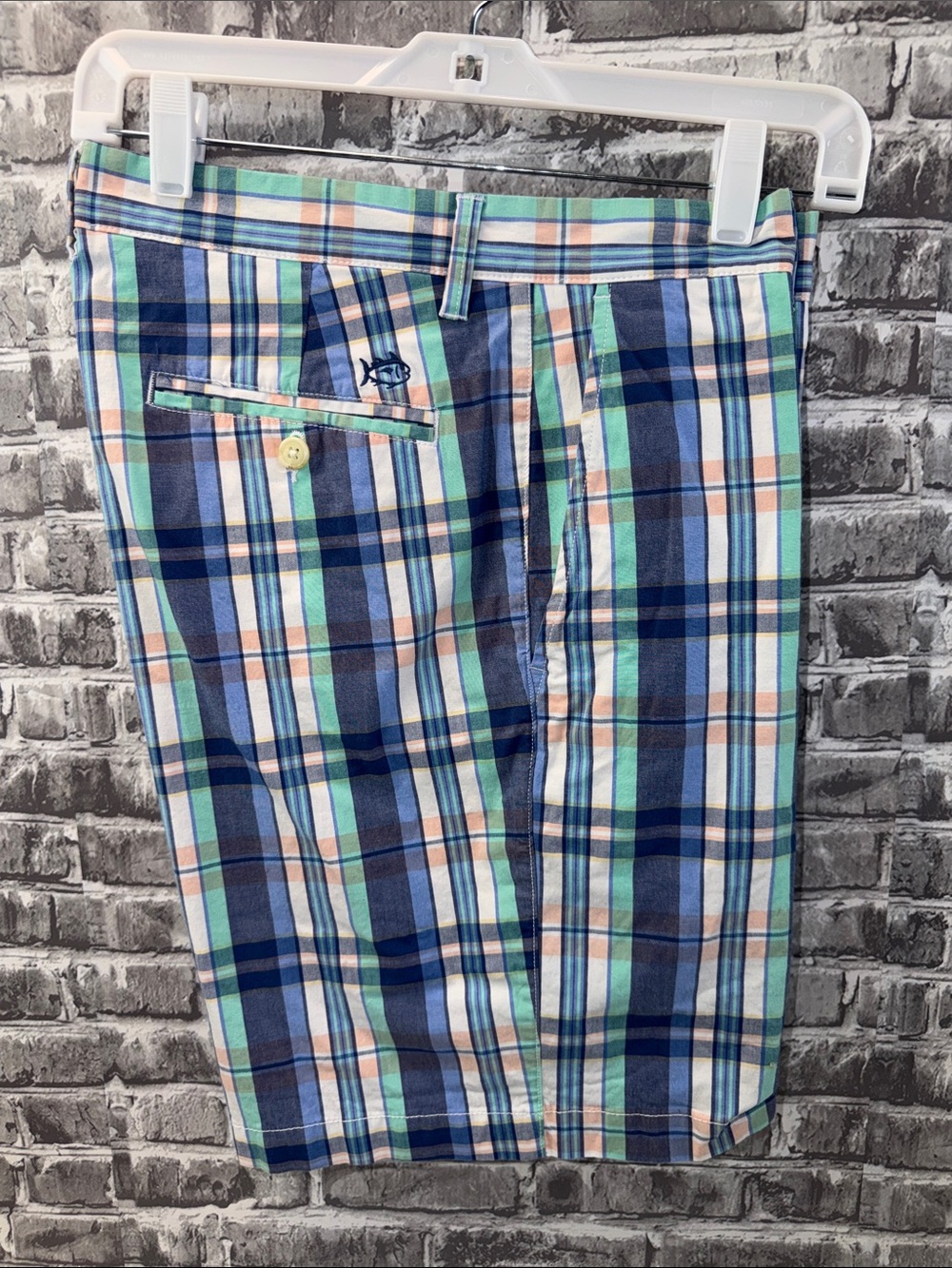 Southern Tide Plaid Pastel Cotton Shorts with Fish Logo